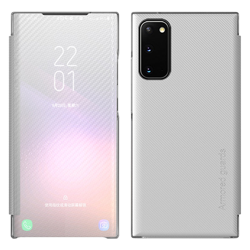 Translucent Anti-Fingerprint Folio Flip Carbon Fiber Hard PC Kickstand Case for Samsung Galaxy S20 4G/S20 5G - White Translucent Anti-Fingerprint Folio Flip Carbon Fiber Hard PC Kickstand Case for Samsung Galaxy S20 4G/S20 5G - White